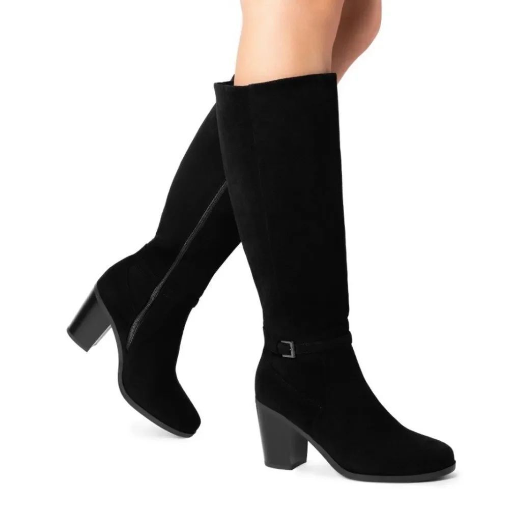 DREAM PAIRS Knee-High Boots Comfortable Chunky Block Heel Side Zipper Suede Tall
